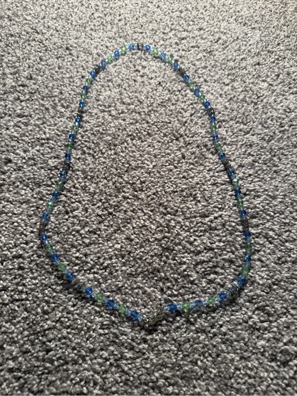 Vintage Mid Century Blue & Green Beaded Necklace with diamond details